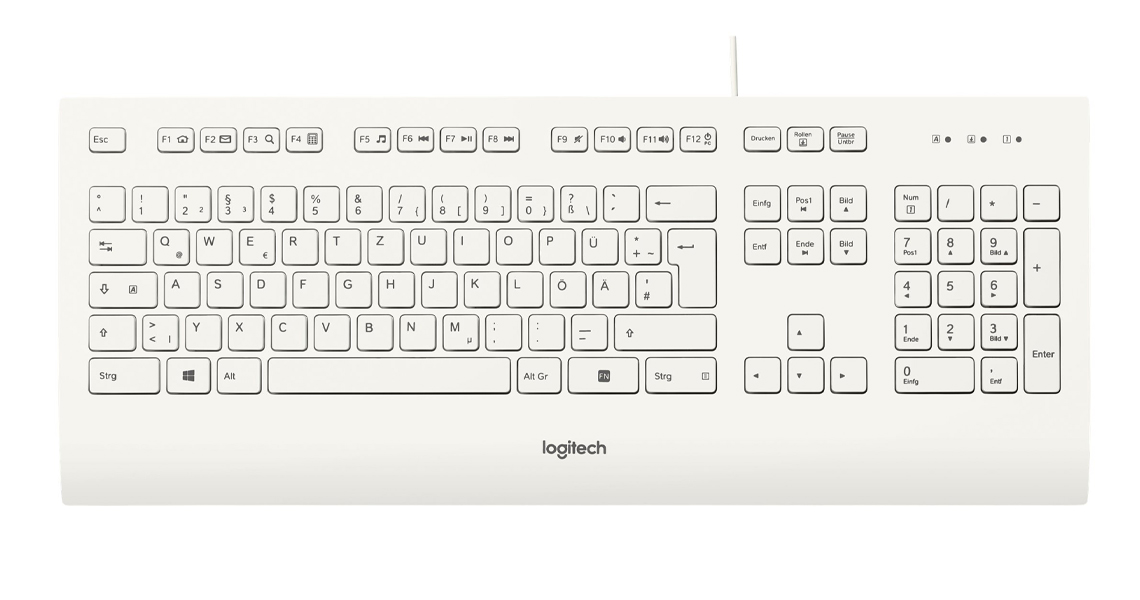 Die Tastatur mit der Handballenauflage LOGITECH K280e Corded Keyboard Weiss DE Layout QWERTZ